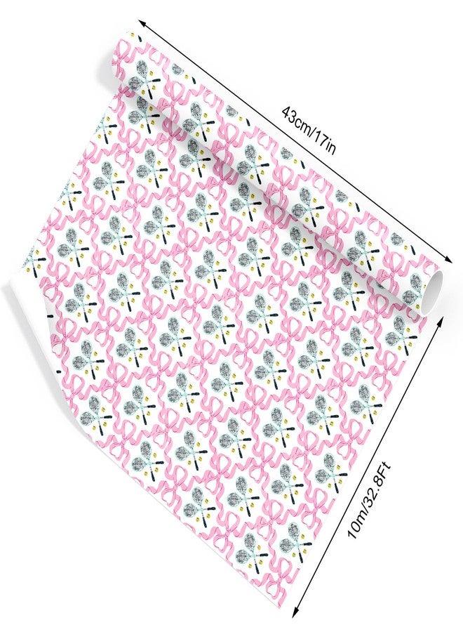 JarThenaAMCS ورق تغليف هدايا JarThenaAMCS وردي اللون بفيونكة - لفة صغيرة - 17 بوصة × 32.8 قدم، ورق تغليف هدايا على شكل مضرب تنس، ورق فني مزخرف لحفلات أعياد الميلاد والأعمال اليدوية - Image 3